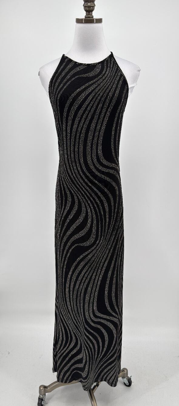 Vintage Jessica McClintock Gunne Sax Y2K Black Slinky Halter Maxi Gown Sz 7/8